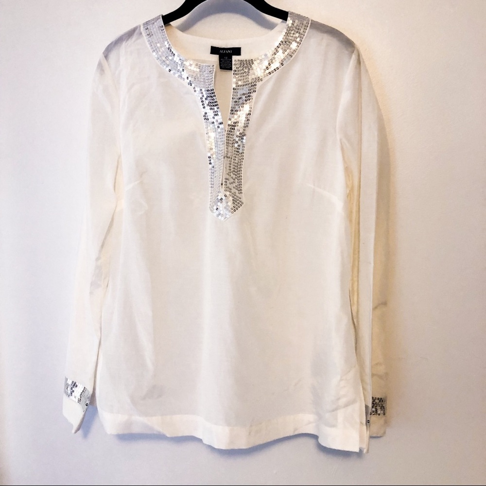 Alfani NWOT Silver Sequin Embellished Silk Tunic